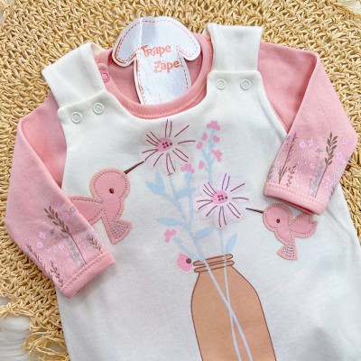 Conj. Body Manga Longa e Jardineira Suedine - Passarinhos - Off White e Rose